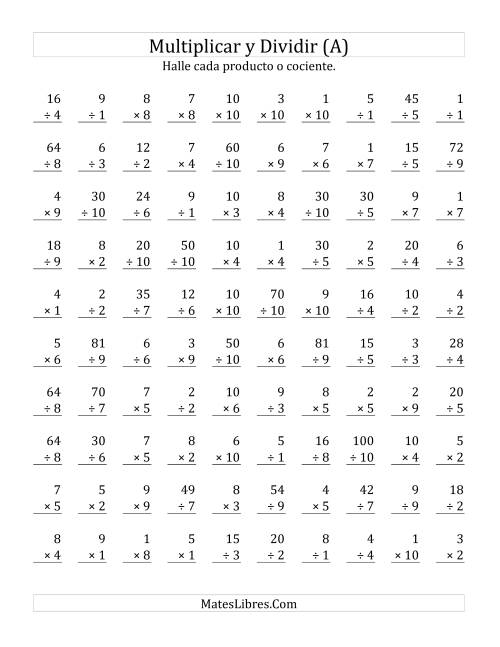 La hoja de ejercicios de Multiplicar y Dividir, Rango de 1 a 10 (A)