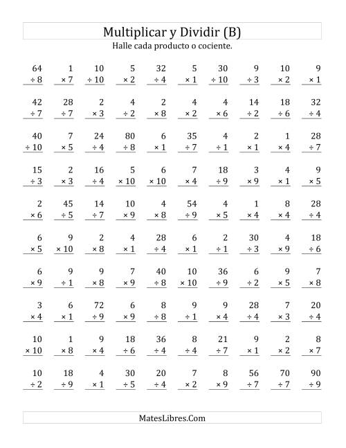 La hoja de ejercicios de Multiplicar y Dividir, Rango de 1 a 10 (B)