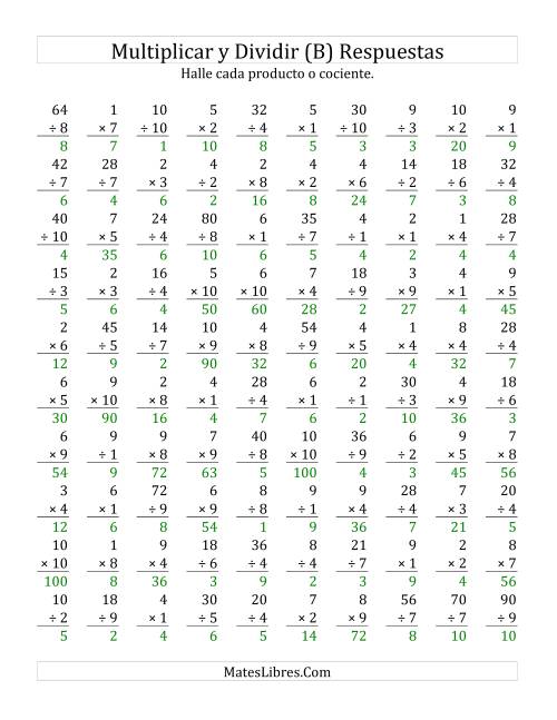 La hoja de ejercicios de Multiplicar y Dividir, Rango de 1 a 10 (B) Página 2
