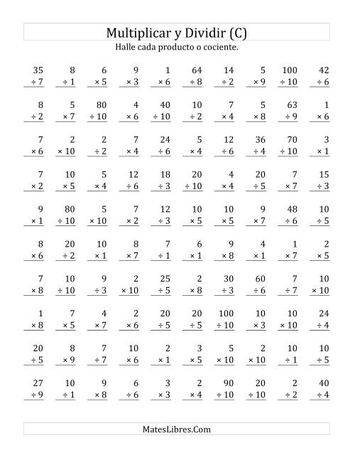 La hoja de ejercicios de Multiplicar y Dividir, Rango de 1 a 10 (C)