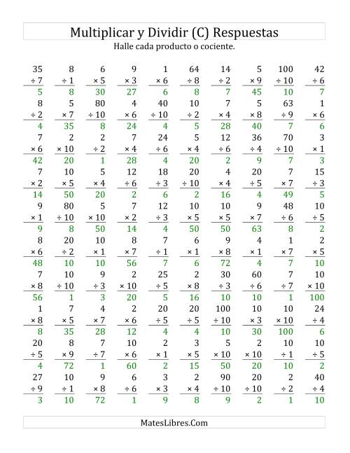 La hoja de ejercicios de Multiplicar y Dividir, Rango de 1 a 10 (C) Página 2