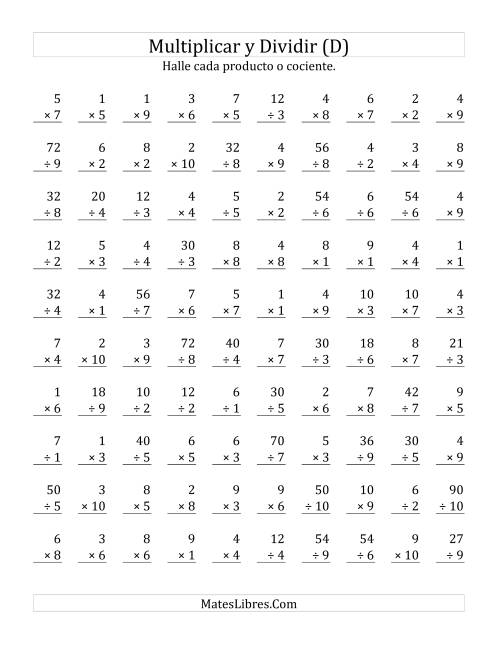 La hoja de ejercicios de Multiplicar y Dividir, Rango de 1 a 10 (D)