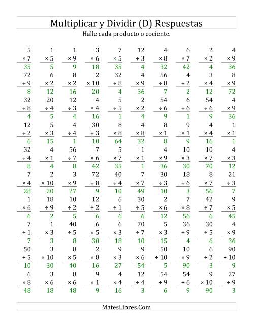 La hoja de ejercicios de Multiplicar y Dividir, Rango de 1 a 10 (D) Página 2