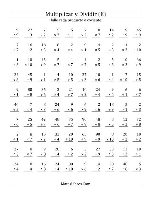 La hoja de ejercicios de Multiplicar y Dividir, Rango de 1 a 10 (E)