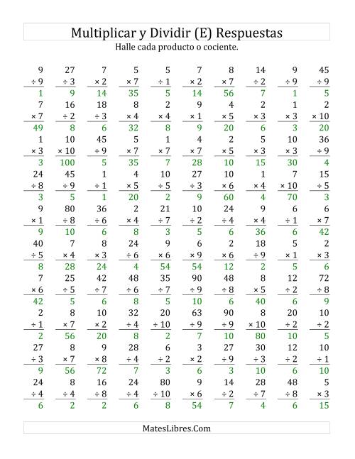 La hoja de ejercicios de Multiplicar y Dividir, Rango de 1 a 10 (E) Página 2