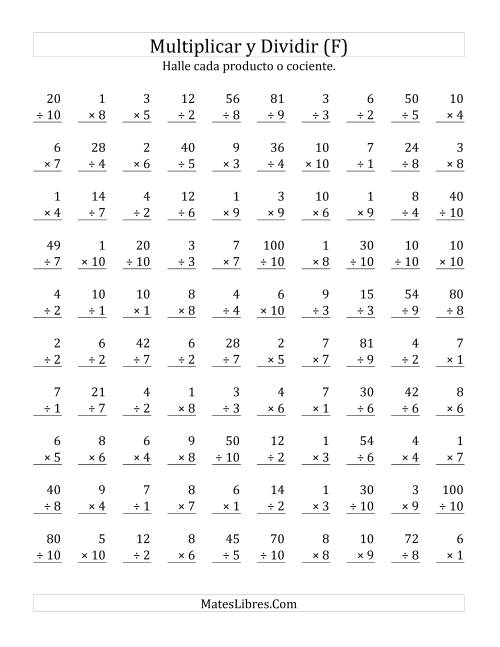 La hoja de ejercicios de Multiplicar y Dividir, Rango de 1 a 10 (F)