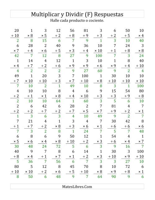 La hoja de ejercicios de Multiplicar y Dividir, Rango de 1 a 10 (F) Página 2
