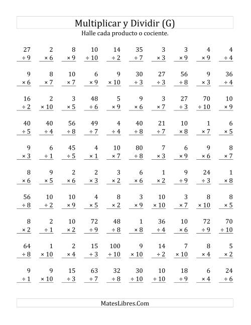 La hoja de ejercicios de Multiplicar y Dividir, Rango de 1 a 10 (G)