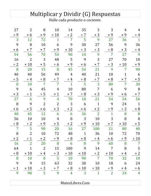 La hoja de ejercicios de Multiplicar y Dividir, Rango de 1 a 10 (G) Página 2