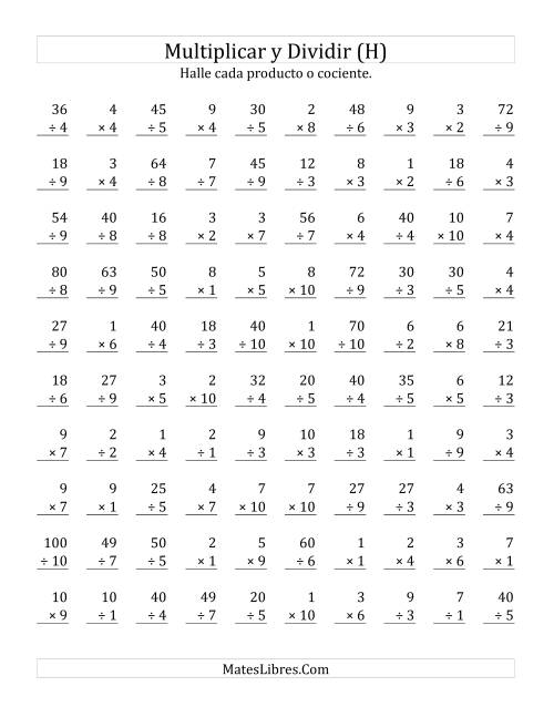 La hoja de ejercicios de Multiplicar y Dividir, Rango de 1 a 10 (H)
