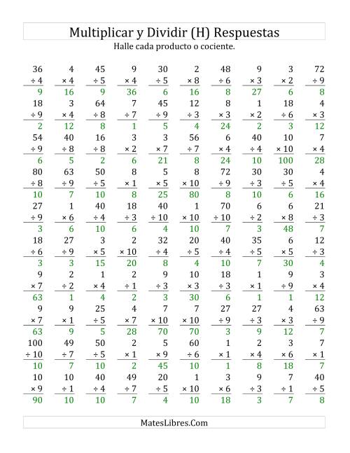 La hoja de ejercicios de Multiplicar y Dividir, Rango de 1 a 10 (H) Página 2
