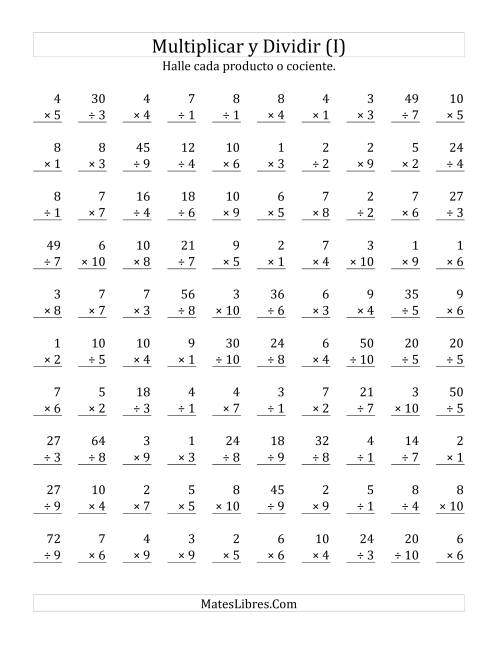 La hoja de ejercicios de Multiplicar y Dividir, Rango de 1 a 10 (I)