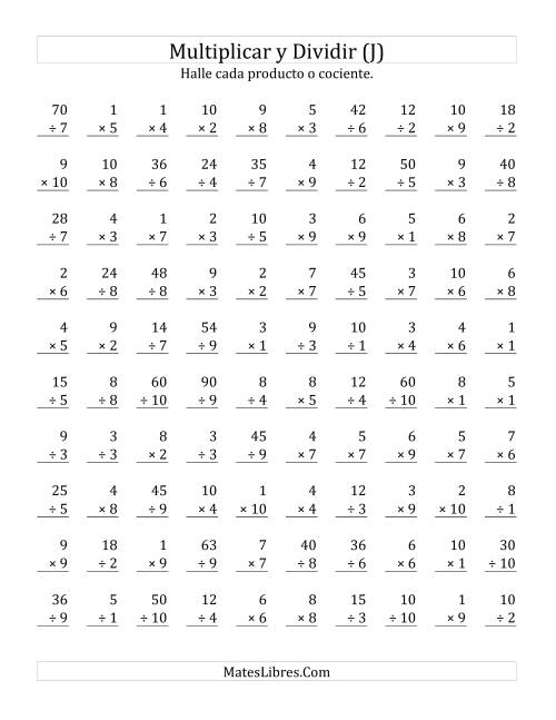 La hoja de ejercicios de Multiplicar y Dividir, Rango de 1 a 10 (J)