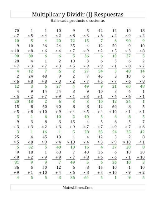 La hoja de ejercicios de Multiplicar y Dividir, Rango de 1 a 10 (J) Página 2