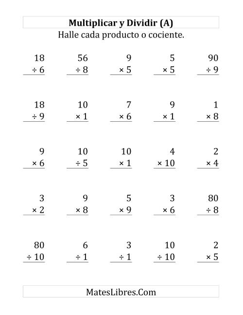 La hoja de ejercicios de Multiplicar y Dividir, Rango de 1 a 10 (Grande)