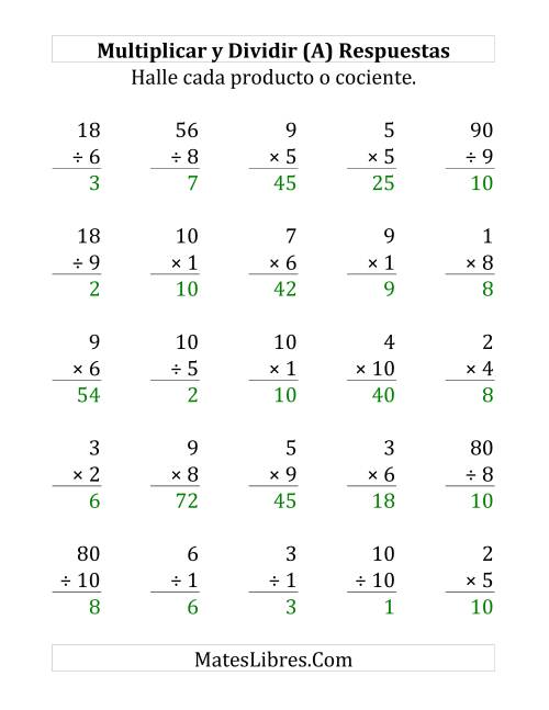 La hoja de ejercicios de Multiplicar y Dividir, Rango de 1 a 10 (Grande) Página 2