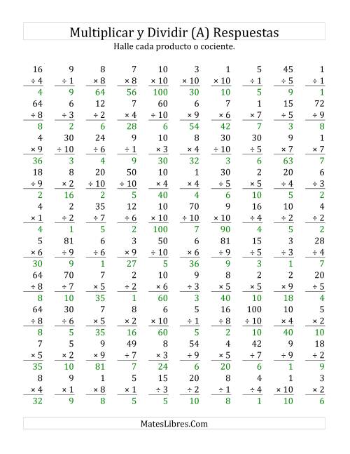 La hoja de ejercicios de Multiplicar y Dividir, Rango de 1 a 10 (Todas) Página 2