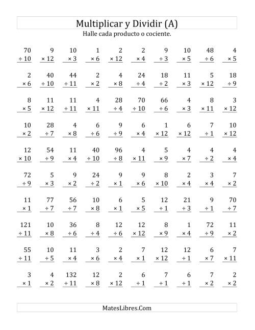 La hoja de ejercicios de Multiplicar y Dividir, Rango de 1 a 12 (A)