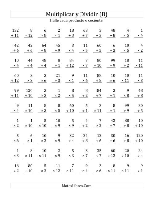 La hoja de ejercicios de Multiplicar y Dividir, Rango de 1 a 12 (B)