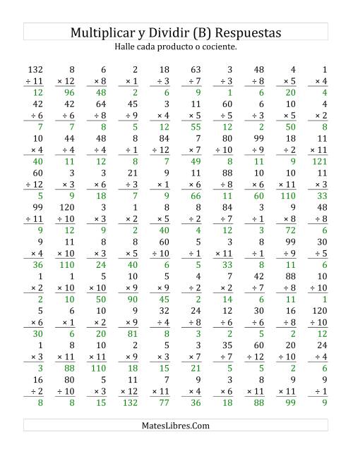 La hoja de ejercicios de Multiplicar y Dividir, Rango de 1 a 12 (B) Página 2