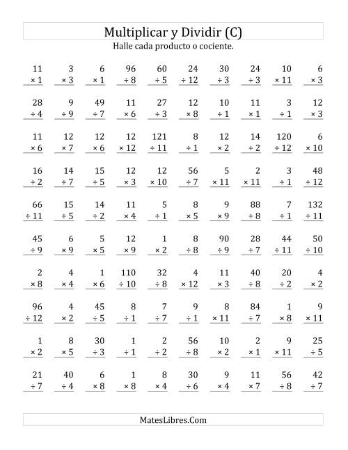 La hoja de ejercicios de Multiplicar y Dividir, Rango de 1 a 12 (C)