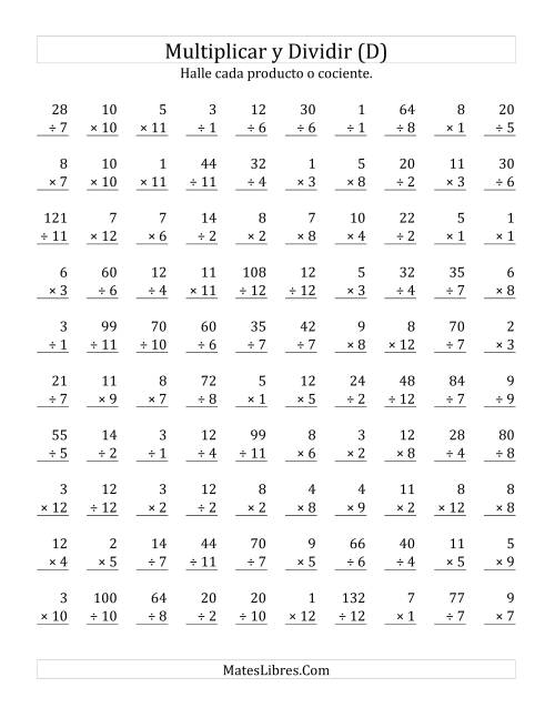 La hoja de ejercicios de Multiplicar y Dividir, Rango de 1 a 12 (D)