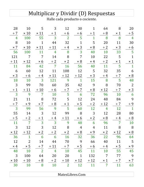 La hoja de ejercicios de Multiplicar y Dividir, Rango de 1 a 12 (D) Página 2