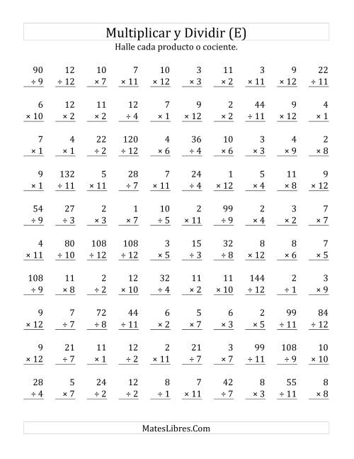 La hoja de ejercicios de Multiplicar y Dividir, Rango de 1 a 12 (E)