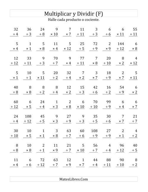La hoja de ejercicios de Multiplicar y Dividir, Rango de 1 a 12 (F)