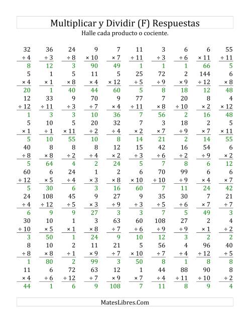 La hoja de ejercicios de Multiplicar y Dividir, Rango de 1 a 12 (F) Página 2