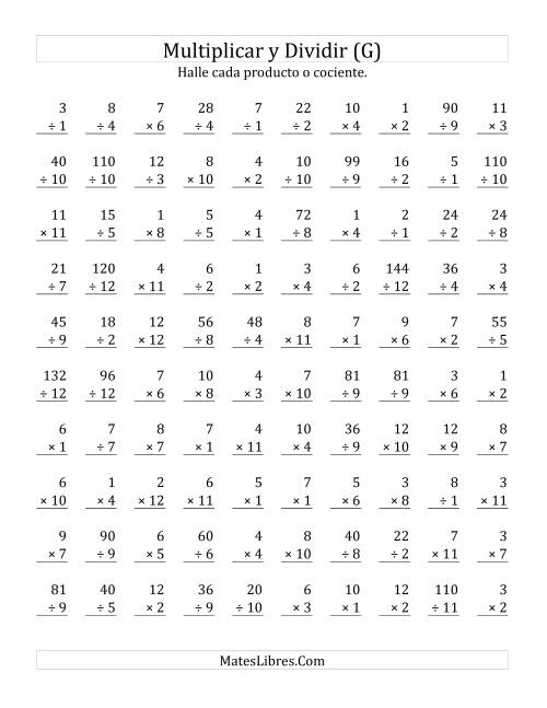 La hoja de ejercicios de Multiplicar y Dividir, Rango de 1 a 12 (G)