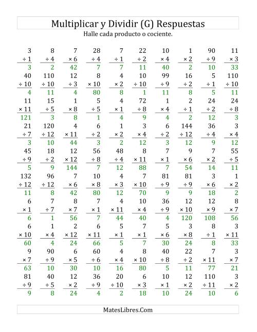 La hoja de ejercicios de Multiplicar y Dividir, Rango de 1 a 12 (G) Página 2