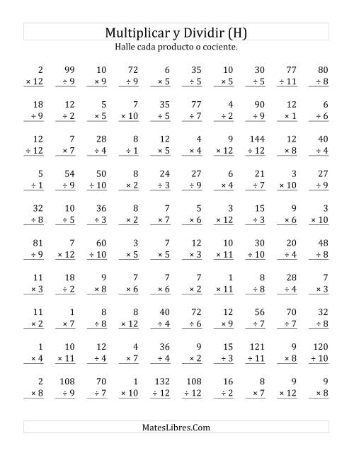 La hoja de ejercicios de Multiplicar y Dividir, Rango de 1 a 12 (H)