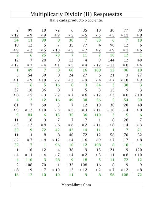 La hoja de ejercicios de Multiplicar y Dividir, Rango de 1 a 12 (H) Página 2