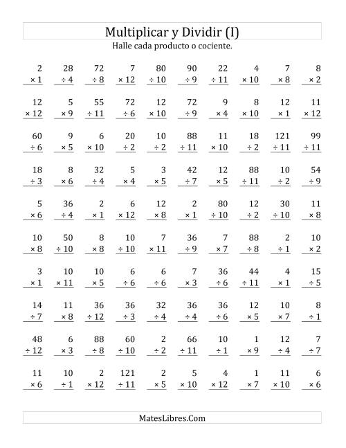 La hoja de ejercicios de Multiplicar y Dividir, Rango de 1 a 12 (I)