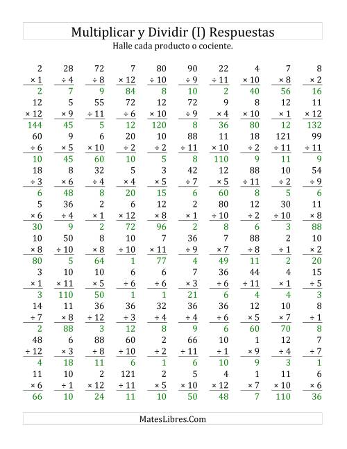 La hoja de ejercicios de Multiplicar y Dividir, Rango de 1 a 12 (I) Página 2