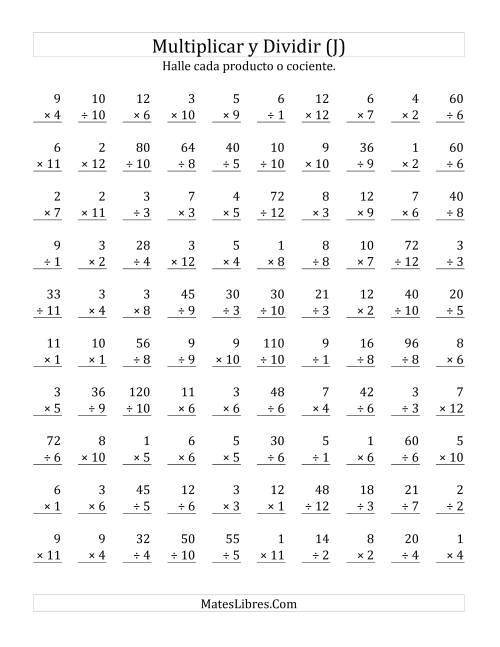 La hoja de ejercicios de Multiplicar y Dividir, Rango de 1 a 12 (J)