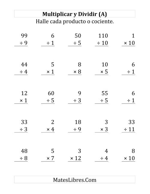 La hoja de ejercicios de Multiplicar y Dividir, Rango de 1 a 12 (Grande)