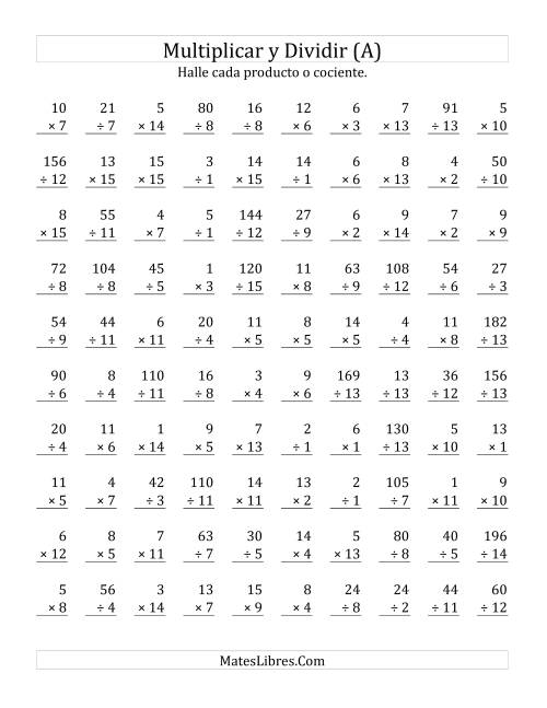 La hoja de ejercicios de Multiplicar y Dividir, Rango de 1 a 15 (A)