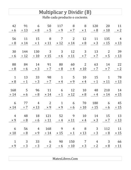 La hoja de ejercicios de Multiplicar y Dividir, Rango de 1 a 15 (B)