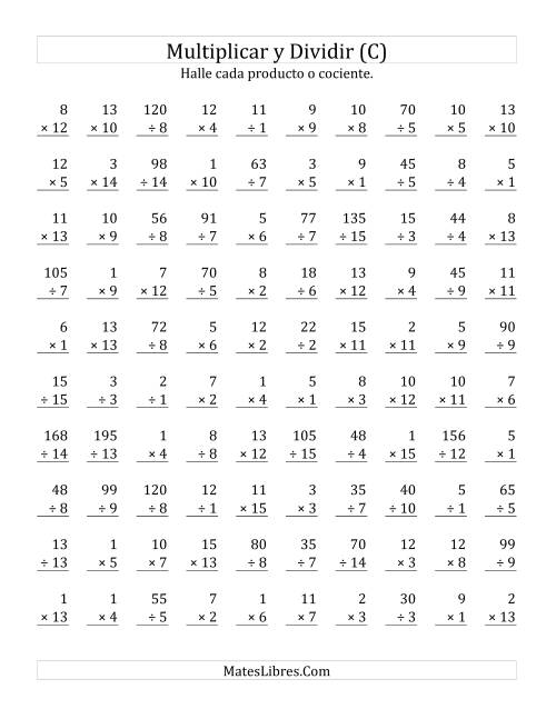 La hoja de ejercicios de Multiplicar y Dividir, Rango de 1 a 15 (C)