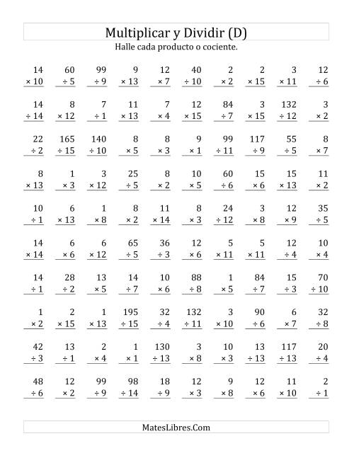 La hoja de ejercicios de Multiplicar y Dividir, Rango de 1 a 15 (D)