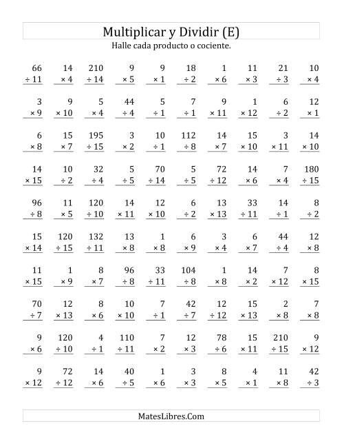 La hoja de ejercicios de Multiplicar y Dividir, Rango de 1 a 15 (E)