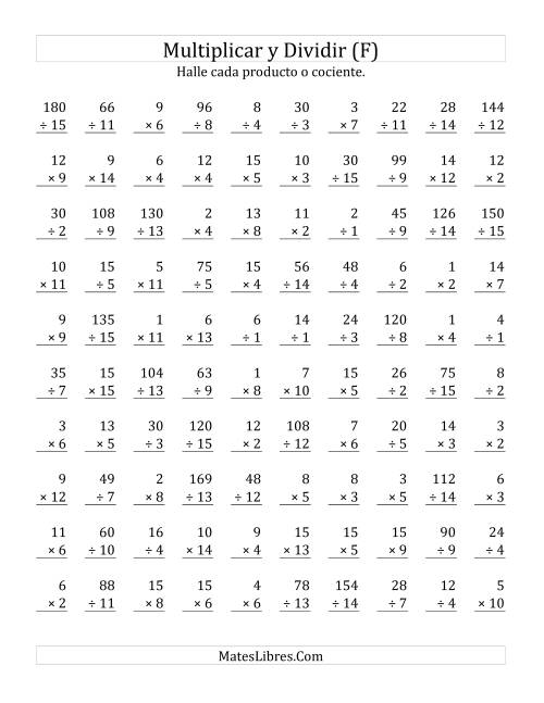 La hoja de ejercicios de Multiplicar y Dividir, Rango de 1 a 15 (F)