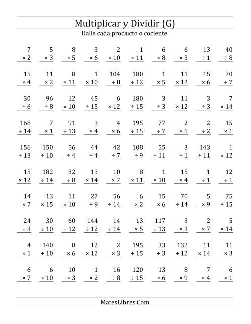La hoja de ejercicios de Multiplicar y Dividir, Rango de 1 a 15 (G)