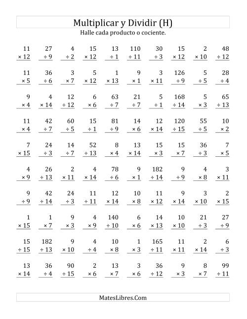 La hoja de ejercicios de Multiplicar y Dividir, Rango de 1 a 15 (H)