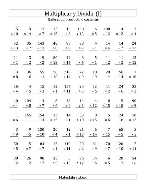 La hoja de ejercicios de Multiplicar y Dividir, Rango de 1 a 15 (I)
