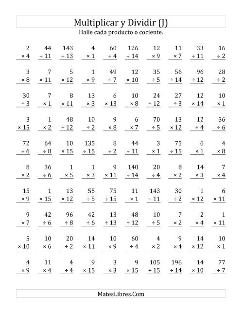 La hoja de ejercicios de Multiplicar y Dividir, Rango de 1 a 15 (J)