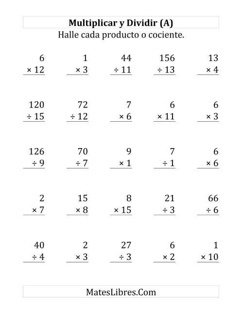 La hoja de ejercicios de Multiplicar y Dividir, Rango de 1 a 15 (Grande)
