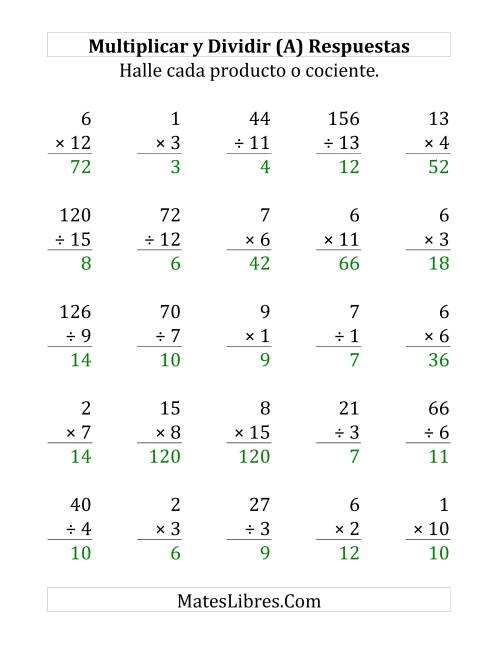 La hoja de ejercicios de Multiplicar y Dividir, Rango de 1 a 15 (Grande) Página 2